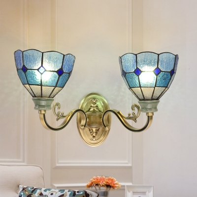 Hallway Domed Wall Sconce Stained Glass 2 Lights Mediterranean Style Blue Sconce Light