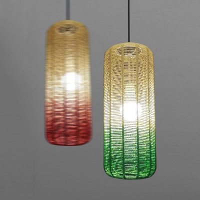 Hand Knitted Cylinder Pendant Light Rustic 1 Bulb Hanging Lamp in Red/Green, 21