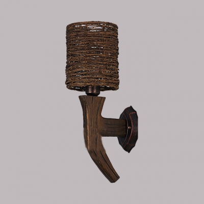 Hand Knitted Rattan Sconces for Bar Hallway Rustic One Light Wall Lamp in Brown with Wood Support