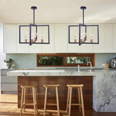 Industrial Rectangle Chandelier 4 Lights Metal Hanging Light in Black for Kitchen Dining Room