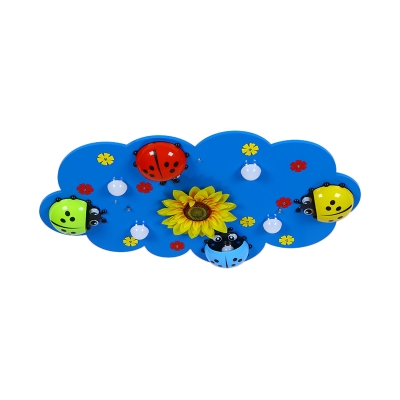 Ladybug Sunflower Pattern Light Fixture Wood Blue LED Flush Mount Light for Girl Boy Room