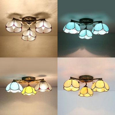 Living Room Dome Ceiling Lamp Clear/Blue/Yellow/Colorful Glass 3 Lights Antique Semi Flush Mount Light