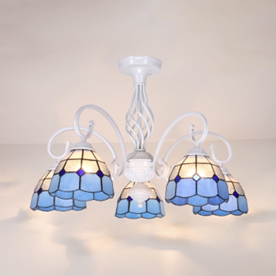 Metal Conical Semi Flush Light 5 Light Rustic Style Ceiling Lamp in White/Sky Blue/Blue for Living Room