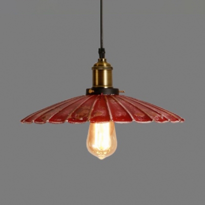 Red Scalloped Suspended Lamp 1 Light Lodge Farmhouse Pendant Light with Metal Shade and Hanging Cord