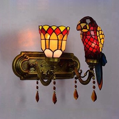 Restaurant Bell Parrot Wall Light Stained Glass 2 Lights Tiffany Style Blue/Red Sconce Light