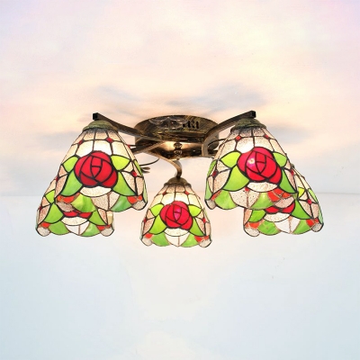 Rustic Style Flower Ceiling Fixture Stained Glass 5 Lights Semi Ceiling Mounted Light for Balcony