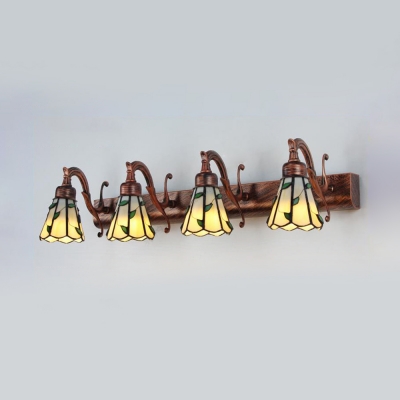 Stained Glass Conical Wall Light with Leaf 4 Lights Vintage Style Wall Sconce for Bedroom