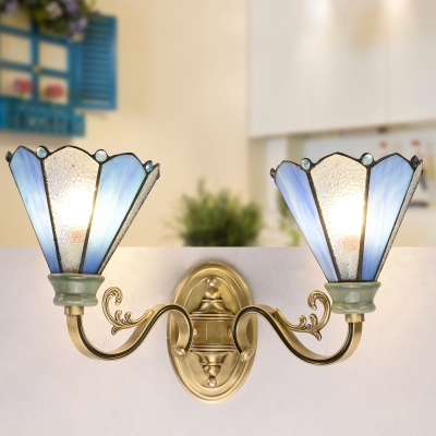 Tiffany Style Conical Sconce Light 2 Lights Glass Wall Light in Blue and White for Foyer