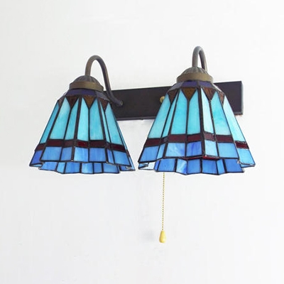 Tiffany Style Sconce Light with Pull Chain Trapezoid 2 Lights Stained Glass Wall Lamp for Shop