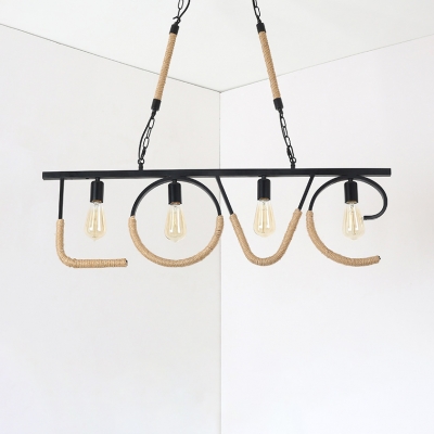 Vintage Beige Island Light with Love Shape 4 Lights Metal And Rope Island Lamp for Living Room