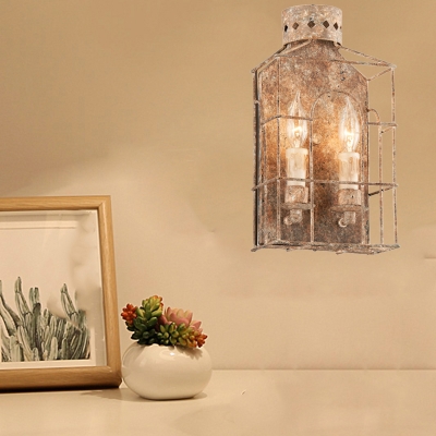 Vintage Style Caged Sconce Light Metal 2 Lights Weathered Iron Light Fixture for Kitchen Hallway