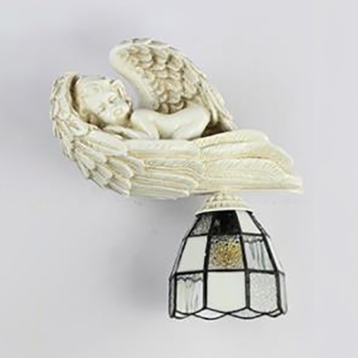 White/Blue Tiffany Style Sconce Light 1 Light Stained Glass and Resin Angel Decoration Wall Light for Bedroom