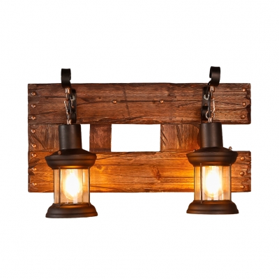 Wooden Base Sconce Light with Lantern 2 Lights Rustic Wall Light in Black for Bar