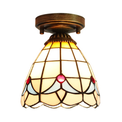 1 Light Cone Flush Light Tiffany Style Rustic Stained Glass Ceiling Lamp for Hallway