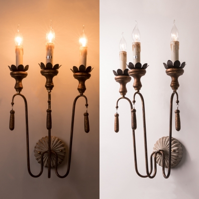 2/3 Lights Candle Sconce Light Vintage Style Metal Sconce Light in Rust for Hallway Bedroom