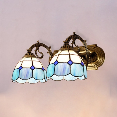 2 Lights Dome Wall Light Mediterranean Style Stained Glass Sconce Lamp for Bathroom Stair
