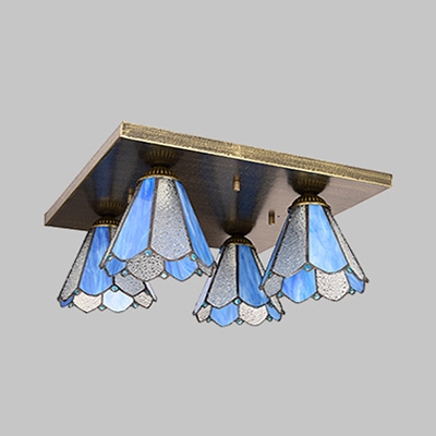 4 Lights Cone Ceiling Mount Light Rustic Glass Ceiling Lamp in Blue/Beige for Hotel