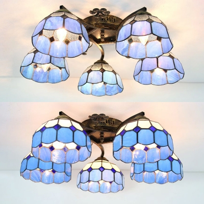5 Lights Dome Ceiling Light Tiffany Style White/Clear Glass Semi Flush Ceiling Lamp for Living Room
