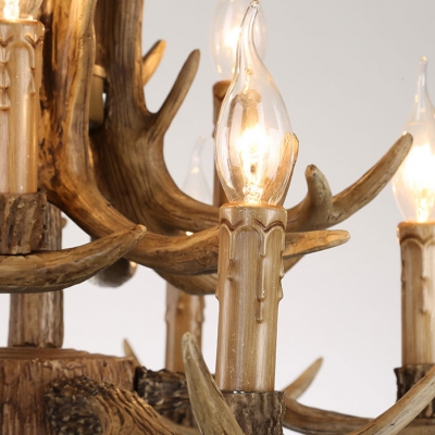 6/8/12 Lights Candle Shape Chandelier with Antlers Antique Style Resin Hanging Light for Restaurant