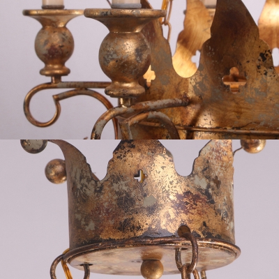 6 Lights Crown Shape Pendant Lamp Vintage Style Metal Pendant Light in Antique Gold for Dining Room
