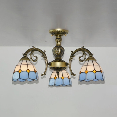 Antique Style Aged Brass/White Ceiling Lamp Cone 3 Lights Stained Glass Flush Light for Shop