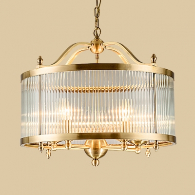 Antique Style Drum Shade Chandelier Metal and Fluted Glass Hanging Light for Bedroom Dining Room