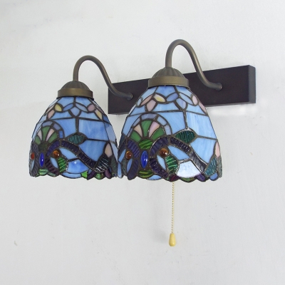 Bedroom Balcony Dome Wall Light with Pull Chain 2 Lights Baroque Stained Glass Sconce Light