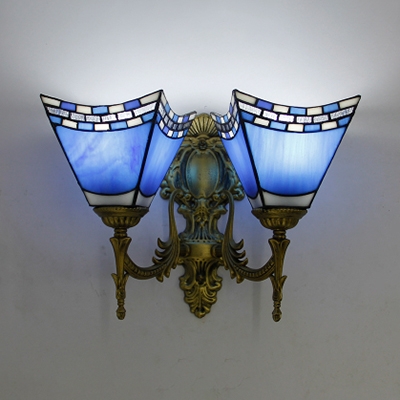 Bedroom Cone Wall Light Glass 2 Lights Mediterranean Style Blue/Sky Blue Sconce Light