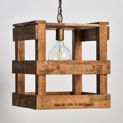Beige Square Cage Hanging Light 1 Light Rustic Style Wood Ceiling Light for Dining Room Bar