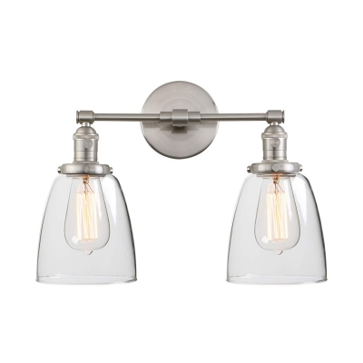 Bell Shape Wall Light Metal and Clear Glass 2 Light Industrial Wall Lamp in Silver/Chrome for Bathroom