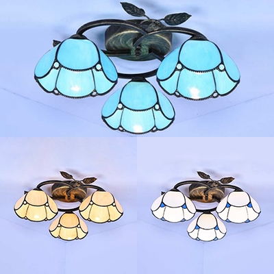 Blue/Beige/White Glass Ceiling Lamp 3 Lights Rustic Dome Semi Flush Mount Light for Restaurant