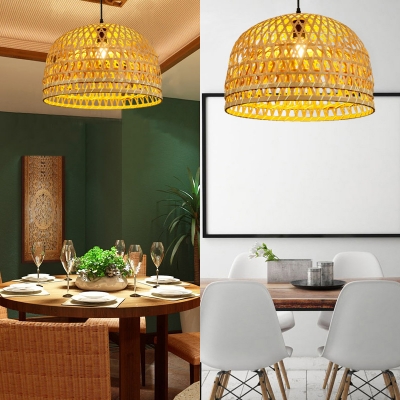 Coffee/Wood Dome Shape Ceiling Light Fixture Single Light Rustic Rattan Pendant Light for Kitchen