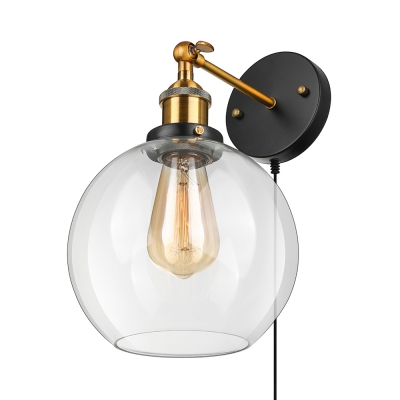 Clear Glass Globe Wall Light with Plug In Cord 1 Light Industrial Sconce Light in Black for Study Living Room