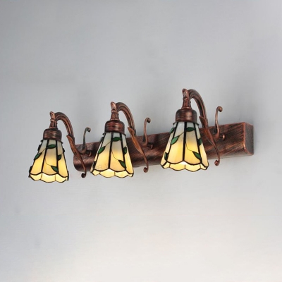 Cone Bedroom Balcony Sconce Light Glass 3 Lights American Rustic Wall Lamp with Leaf