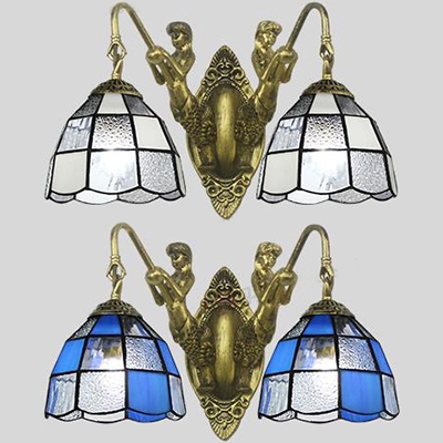 Dome Living Room Sconce Light Blue/Clear Glass 2 Lights Vintage Style Wall Light