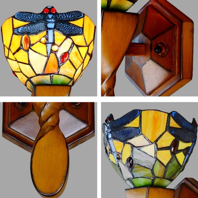 Dragonfly Wall Lamp Kitchen Hallway Stained Glass and Wood Tiffany Style Wall Light