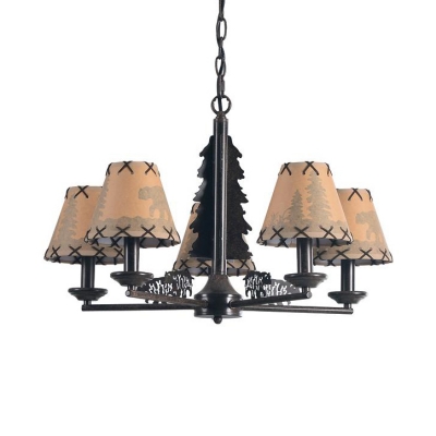 Fabric Metal Tapered Shade Chandelier 5 Lights Rustic Style Hanging Lights for Bedroom Study