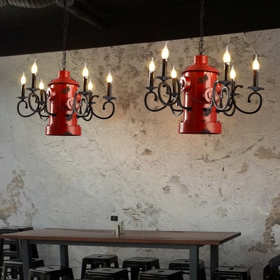 Fire Hydrant Decoration Chandelier Metal 6 Lights Vintage Style Red Pendant Lamp for Bar Restaurant