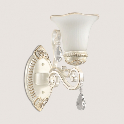 Glass Bell Shade Wall Sconce Dining Room 1/2 Lights Elegant Style Wall Light with Crystal in White