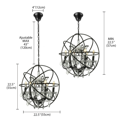 Globe Chandelier with Candles Antique Style 6 Lights Crystal Pendant Light in Rust for Foyer