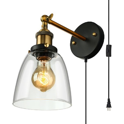 Plug In Bell Shade Sconce Light 1 Light Industrial Metal and Glass Wall Lamp for Kitchen Stair