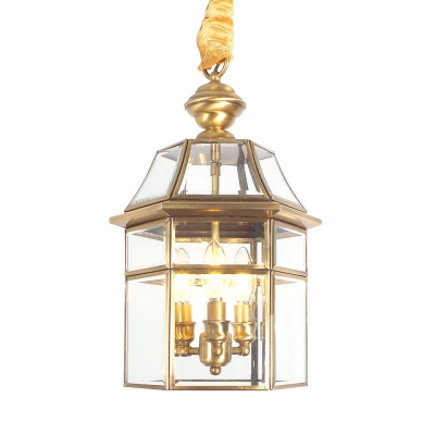 House Shape Pendant Chandelier 3 Lights Antique Style Clear Glass and Metal Hanging Light for Hallway