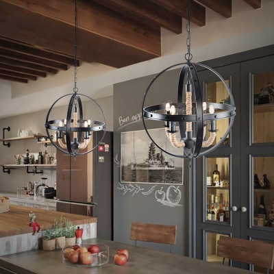 Kitchen Indoor Globe Shape Chandelier Light Metal and Rope 4 Lights Black Pendant Lighting