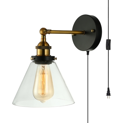 Restaurant Cafe Wall with Plug In Cord Sconce Cone Shape Glass 1 Light Vintage Style Black Sconce Light