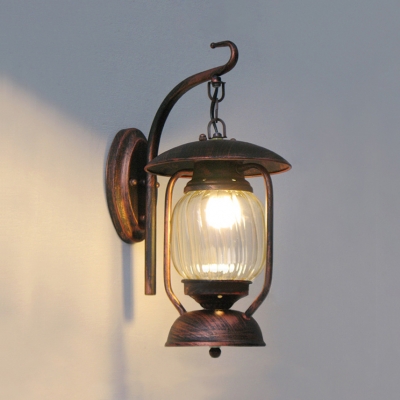 Rust Kerosene Hanging Lamp Single Light Swirl Glass Wall Light Fixture for Front Door
