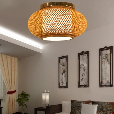 Rustic Style Lantern Shape Ceiling Light Fixture Single Light Wood Flush Mount Ceiling Light for Indoor