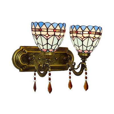 Stained Glass Cone Sconce Light 2 Lights Tiffany Style Wall Lamp with Crystal for Hotel