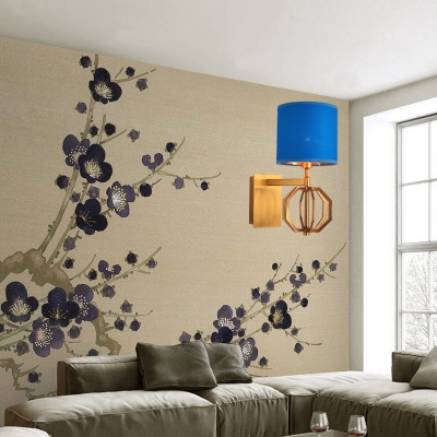 Study Living Room Wall Light Fabric and Metal 1 Light Traditional Blue Drum Shade Wall Lamp