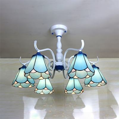 Tiffany Style Blue/White Ceiling Light Cone 6 Lights Glass Semi Flush Light for Living Room