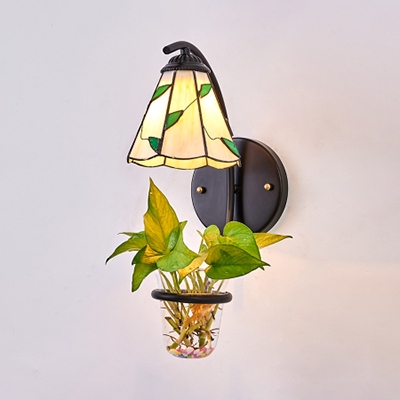 Vintage Cone Wall Lamp with Leaf Glass and Metal 1 Light Blue/Beige Sconce Light for Dining Room